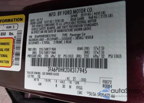 2013 Ford Fusion Se z USA, uszkodzony, nr VIN 3FA6P0HR2DR317945